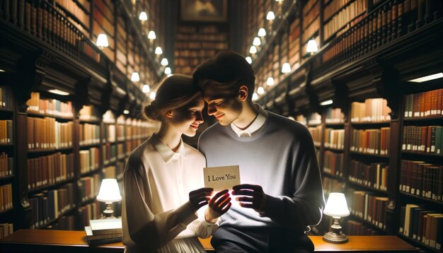 Photo a young couple holding a piece of paper that says i love you they39re in a library