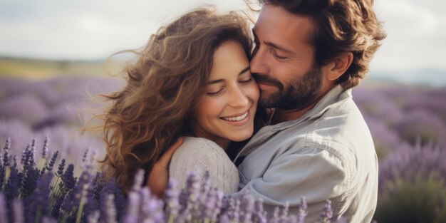 A young couple hugs in a lavender field Family posing in nature Generative AI