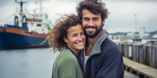 A young couple hugs in a marina on a pier against the backdrop of sailing yachts Generative AI