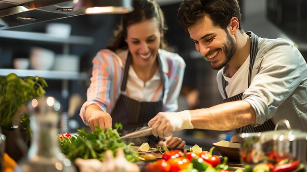 A young couple is cooking together in a kitchen They are both smiling and appear to be enjoying themselves