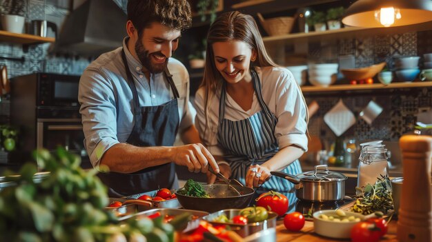 Foto la giovane coppia sta cucinando insieme in cucina stanno sorridendo e sembrano felici c'è un sacco di verdure fresche sulla tavola