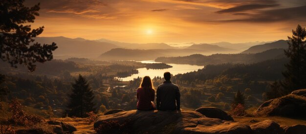 A young couple is enjoying the peak of nature