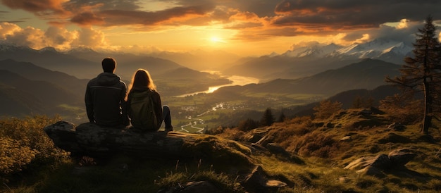 A young couple is enjoying the peak of nature