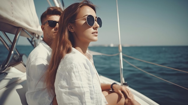 A young couple is having a great time together on a yacht while enjoying the sun Generative AI