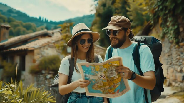 写真 若い夫婦は地図を見ています 彼らは笑顔で幸せです 背景はぼやけています