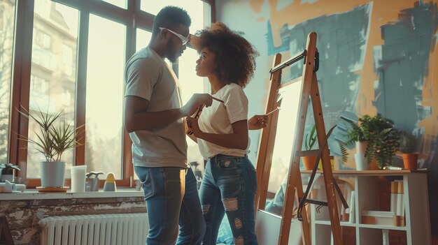 Photo a young couple is painting a wall in their new home they are both wearing casual clothes and look happy and relaxed