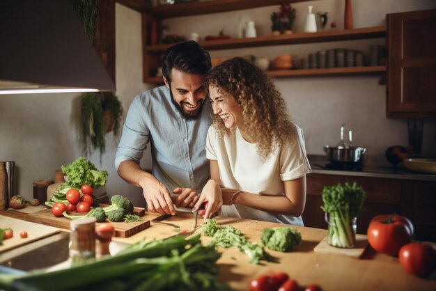 Foto una giovane coppia sta preparando le verdure in una cucina