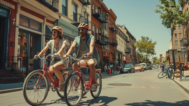 Foto una giovane coppia sta guidando le biciclette lungo una strada della città entrambi indossano caschi e occhiali da sole la donna indossa una camicia bianca e pantaloncini corti