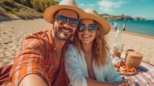 A young couple is romantically posing for a photo while having a picnic on the beach