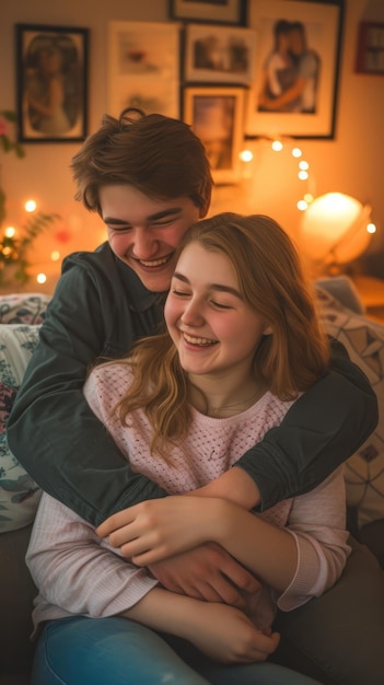 A young couple is sitting on a couch and hugging