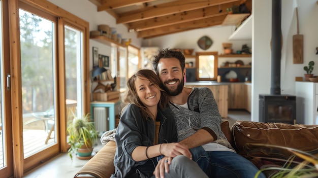 Foto una giovane coppia è seduta su un divano nel loro salotto stanno sorridendo e guardando la telecamera la donna si appoggia sulla spalla dell'uomo