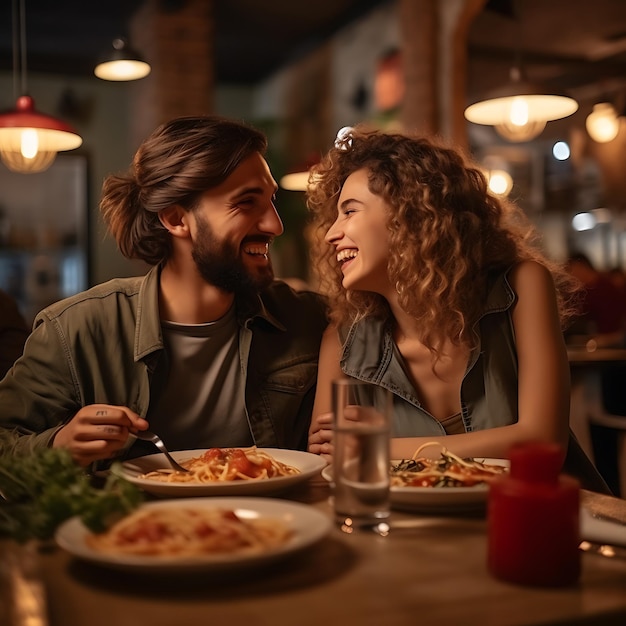 Photo a young couple is sitting in an italian restaurant laughing and having fun