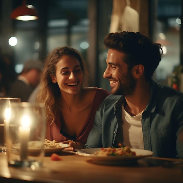A young couple is sitting in an Italian restaurant laughing and having fun
