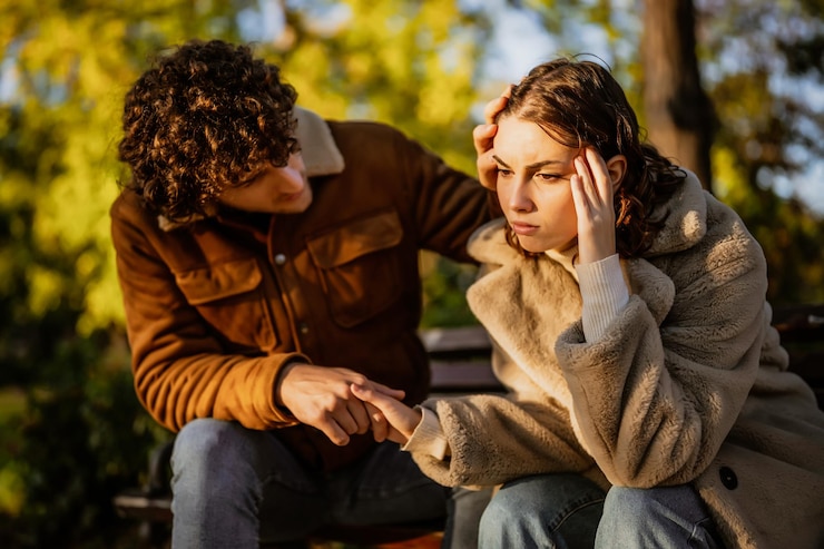Photo young couple is sitting in park on sunny day woman is sad and man in consoling her