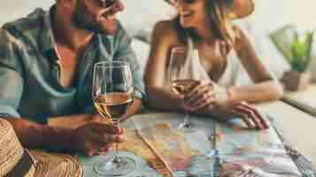 Photo young couple is sitting at the table in the restaurant they are holding the glasses of white wine and looking at each other the map is on the table