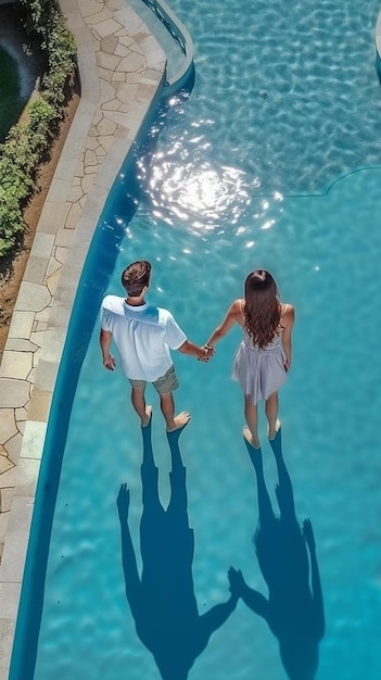 a young couple is swimming in a pool with their feet in the air