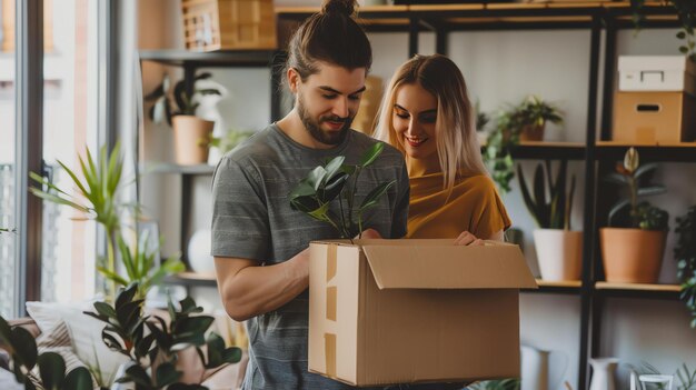 A young couple is unpacking a box of houseplants in their new home They are both smiling and looking at the plants