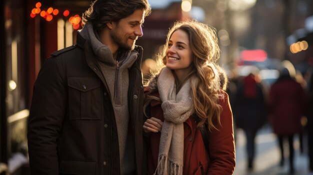 A young couple is walking down a city street smiling at each other