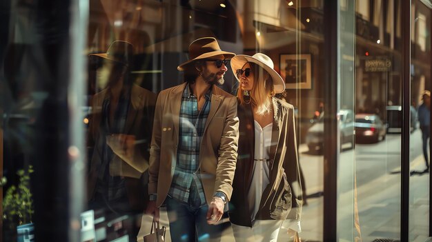 Photo a young couple is walking down the street they are both wearing hats and sunglasses the man is wearing a suit and the woman is wearing a dress