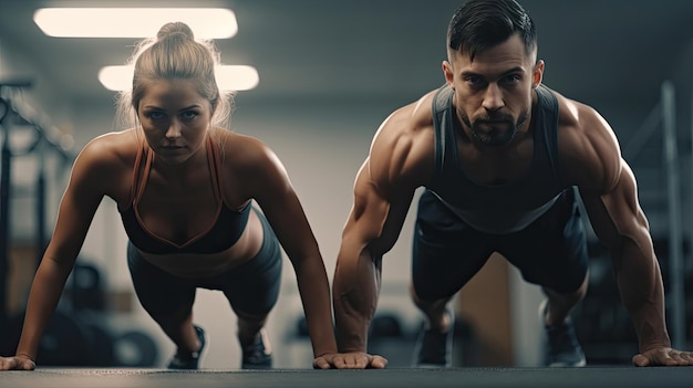 Young couple is working out at gym Attractive woman and handsome muscular man are training in light