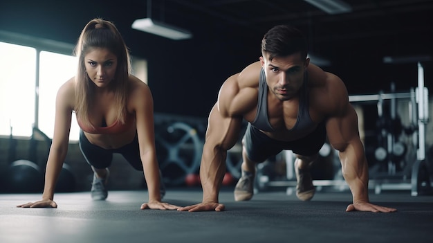 Young couple is working out at gym