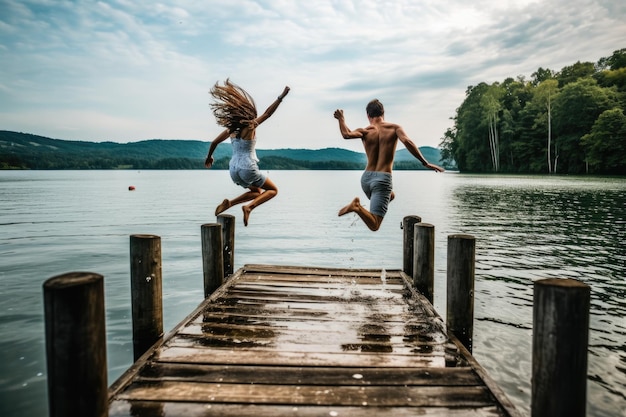 Young couple jumping from dock into the water Generative AI