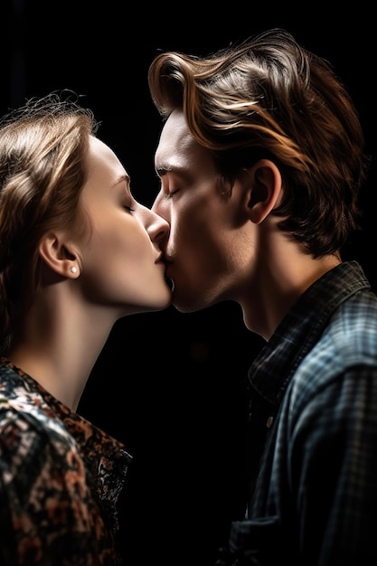 Photo a young couple kiss in front of a black background