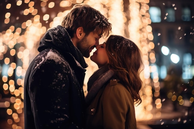 Young couple kissing under bright Christmas lights on New Year's Eve