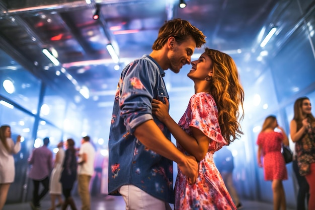 Young couple kissing in front of a crowd of people in disco club Neon light on Valentines day party