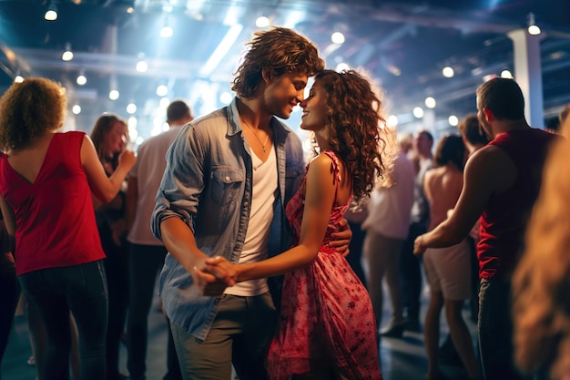 Young couple kissing in front of a crowd of people in disco club Neon light on Valentines day party