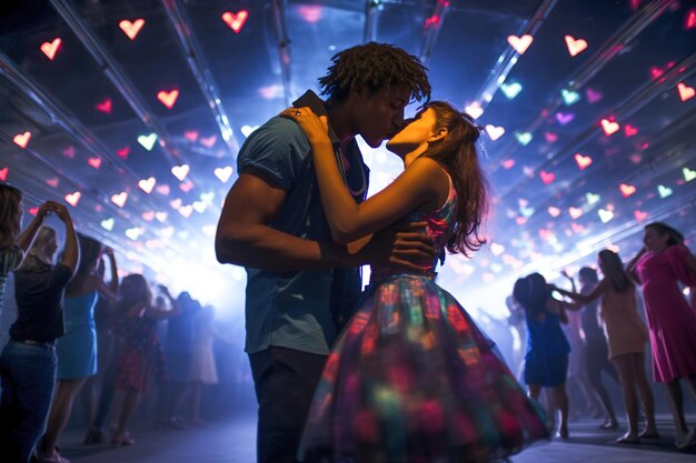 Photo young couple kissing in front of a crowd of people in disco club neon light on valentines day party