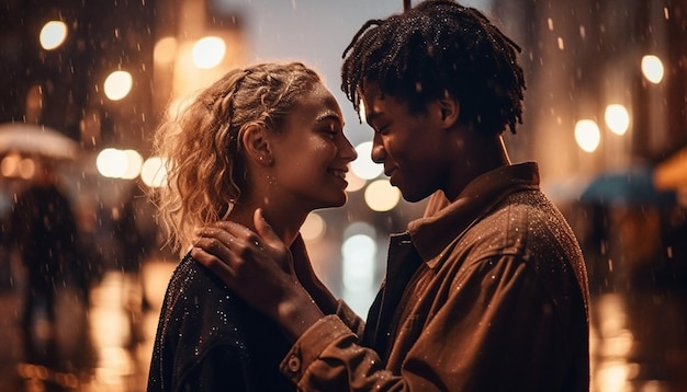 Young couple kissing under street light at night generated by AI