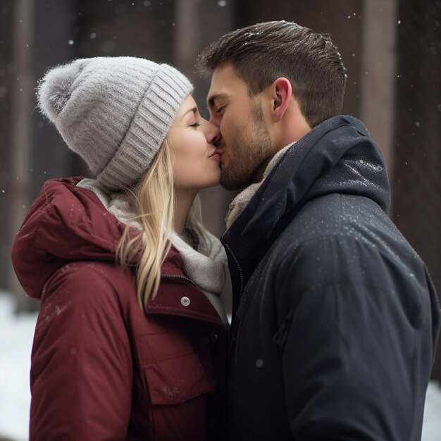 Young couple kissing on the street in winter Love story Winter