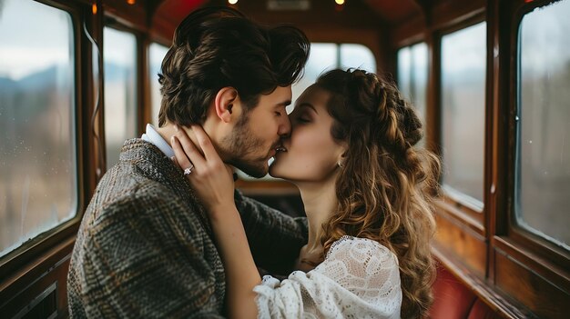 Photo young couple kissing on a train the man is wearing a suit and the woman is wearing a white dress they are both smiling and look happy