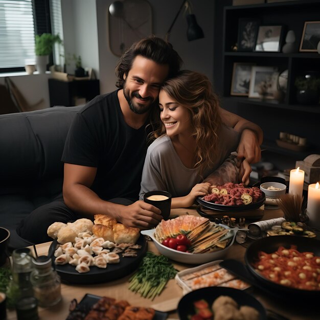 A young couple lay on the couch in their modern home making a private movie night cuddling