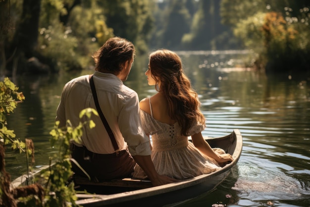 young couple looking at a lake in mountain landscape