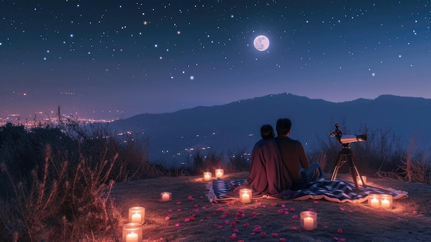 Young couple looking out to night sky in valentines day pragma