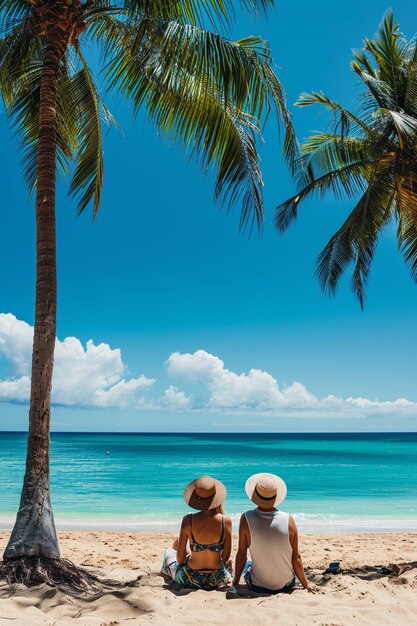 Photo young couple in love against the background of tropical beach and ocean