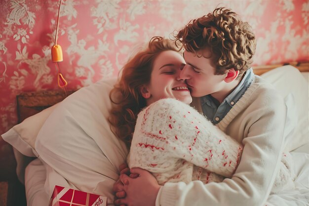 Photo young couple in love on the bed