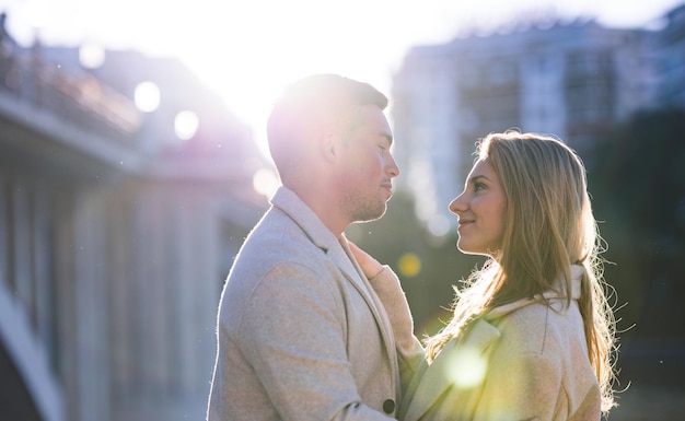 Young couple, in love, in the city in winter