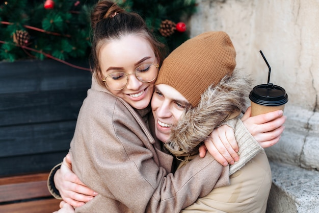 Photo young couple in love closeup winter portrait