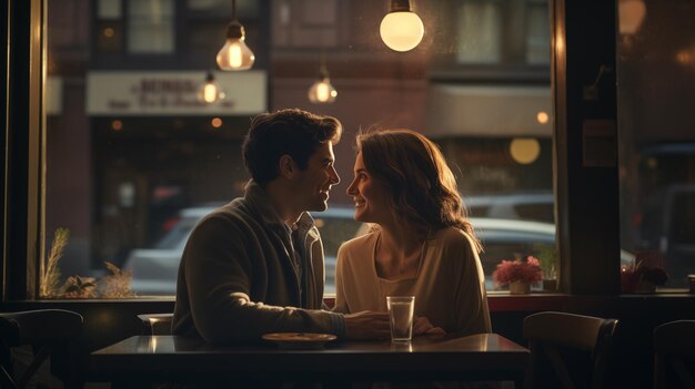 Photo young couple in love date in romantic restaurant of city