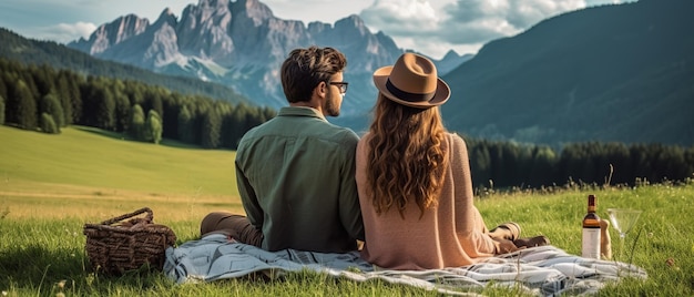 Young couple in love doing picnic visiting alps Dolomities Boyfriend and girlfriend sitting