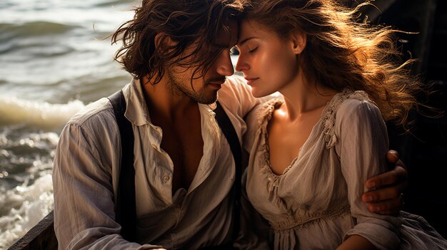 young couple in love enjoying a beautiful view from the beach