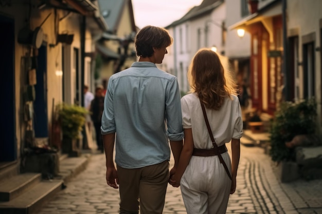 Молодая влюбленная пара, держась за руки, гуляет по маленькому городу, весело гуляя по городу