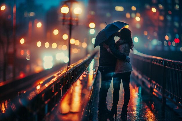 Young couple in love hugging and kissing on the bridge in the rain at night Romantic moment