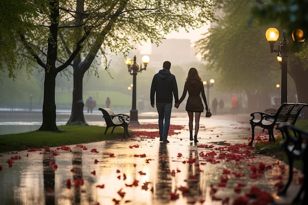 A young couple in love is walking in a spring park after rain