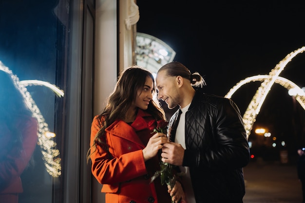 Young couple in love on a romantic date in the evening