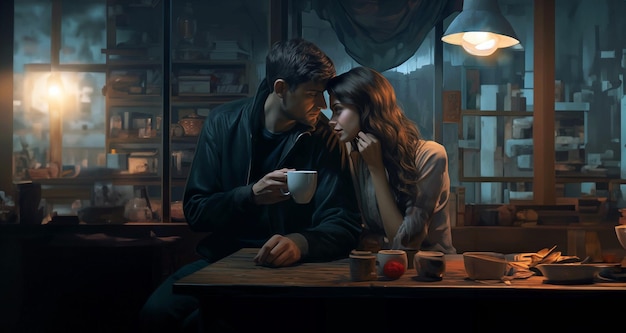 Photo a young couple in love sits in a cafe at night and drinks coffee emotion of love