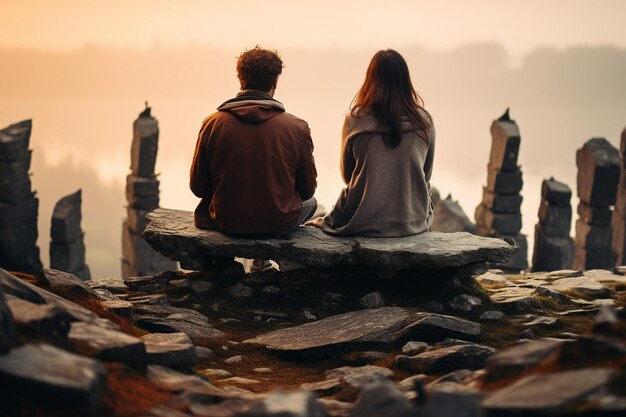Молодая влюбленная пара сидит спиной к куче руин.